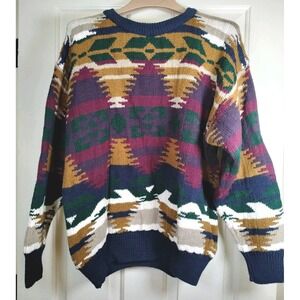 Structure Vintage 90s Aztec Geometric Cotton Crewneck Sweater Men M